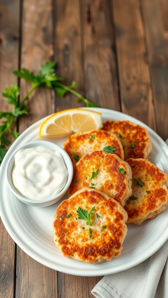 Golden-brown salmon patties on a plate with lemon and tartar sauce.